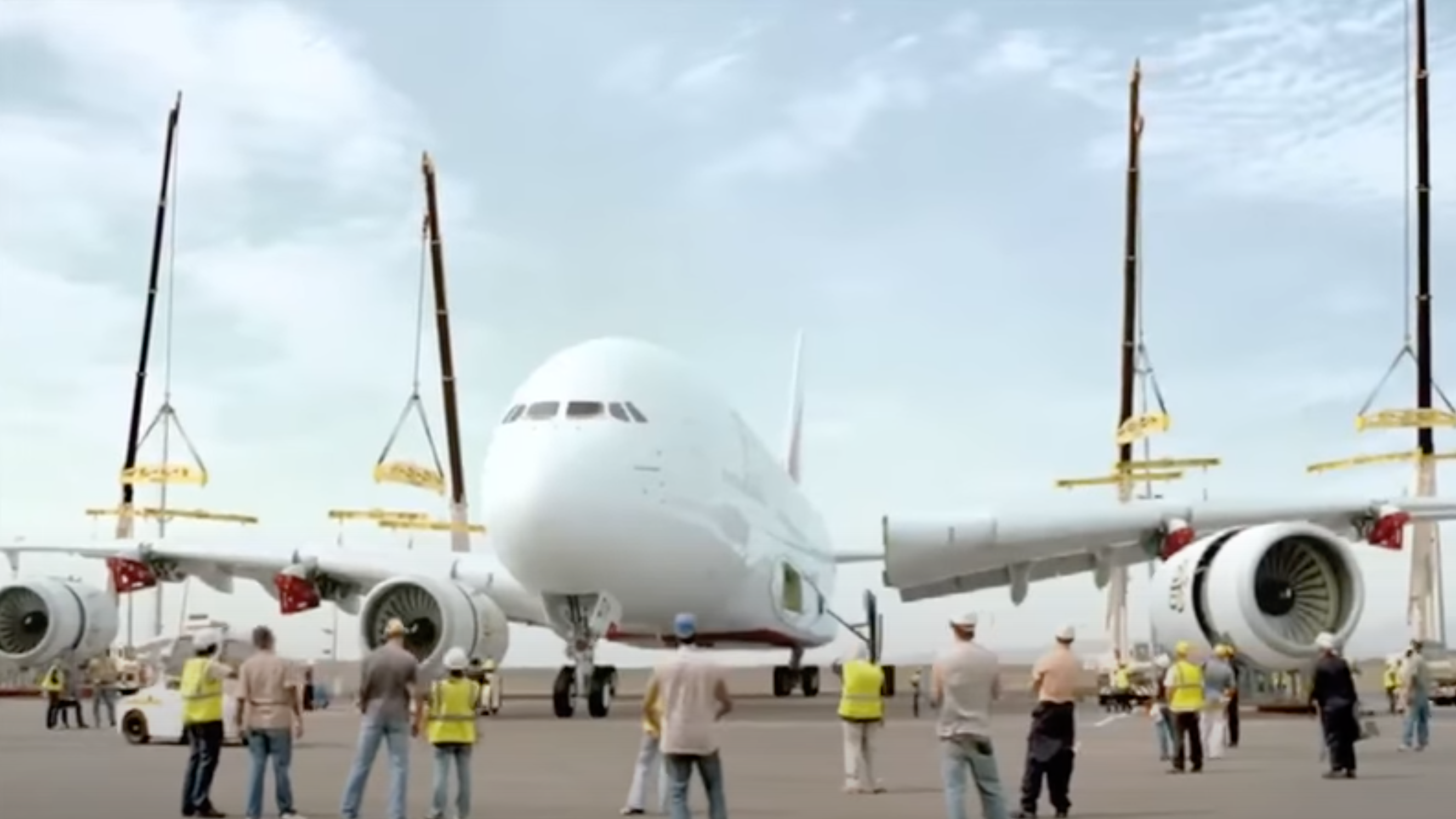 Screen grab from the Emirates case study of airport ramp agents facing a large white plane. 
