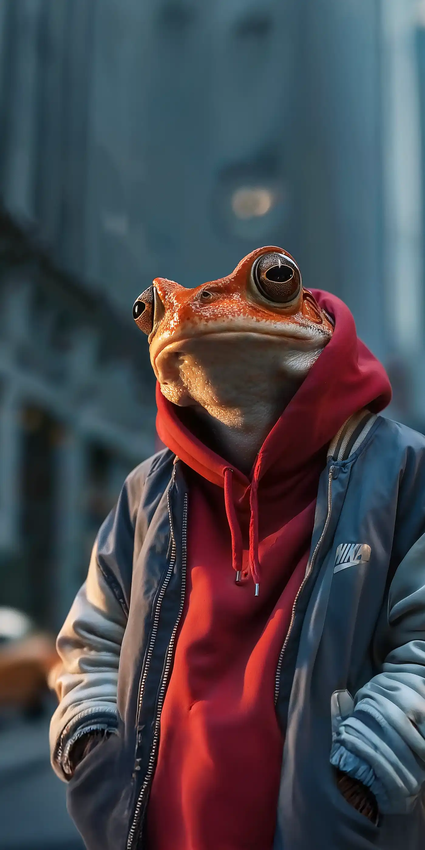 Anthropomorphic frog in red hoodie and blue jacket on a city street at dusk, hinting at StrawberryFrog's NYC based AI powered marketing agency and strategy consulting expertise.