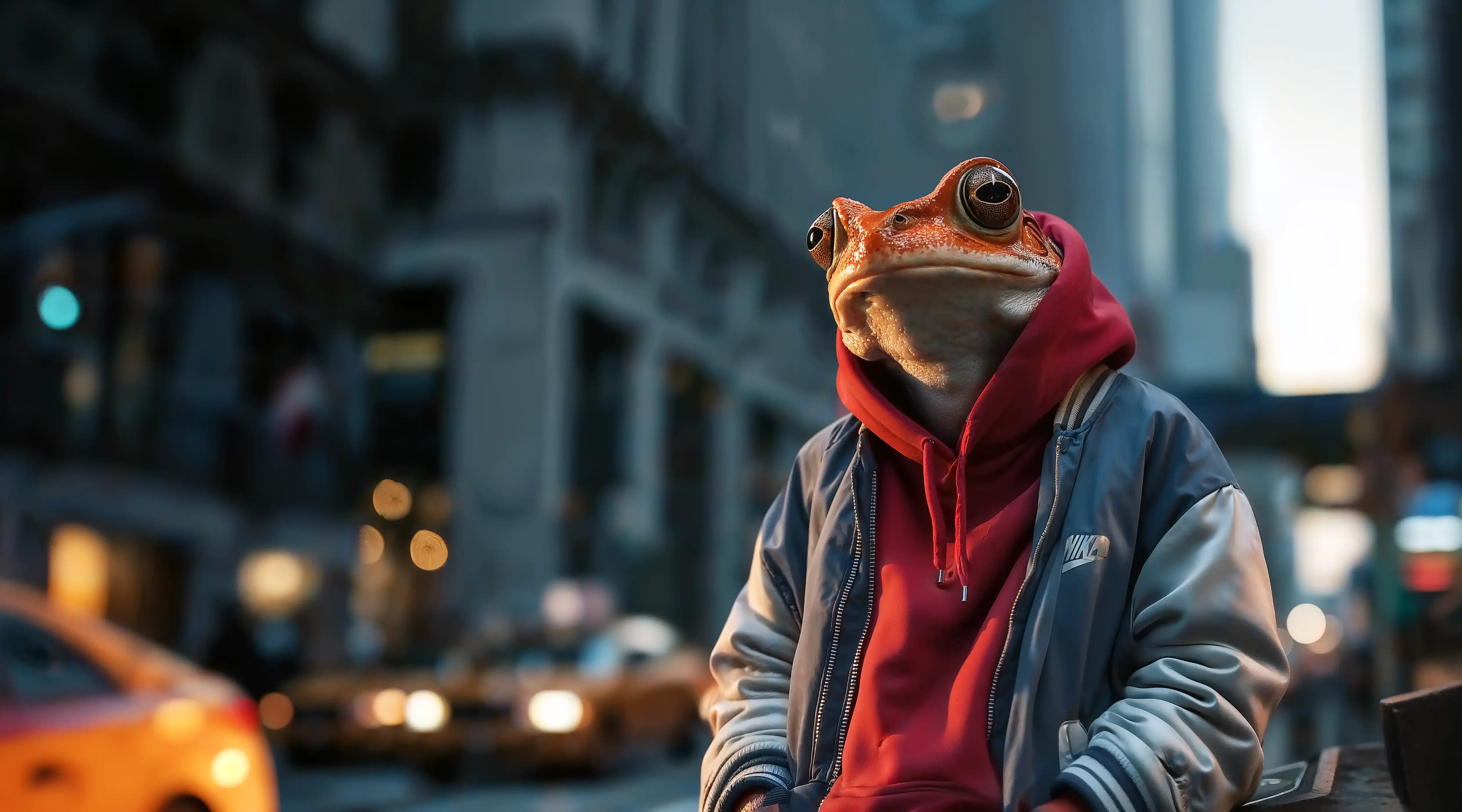 Anthropomorphic frog in red hoodie and blue jacket on a city street at dusk, hinting at StrawberryFrog's NYC based AI powered marketing agency and strategy consulting expertise.