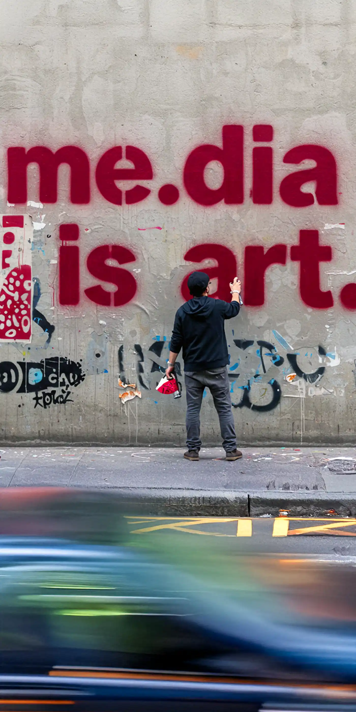 Person in black hoodie spray-painting 'me.dia is art.' on a graffiti wall and a red SF frog tag signature—reflecting creatively-led media planning, buying, and activation services.