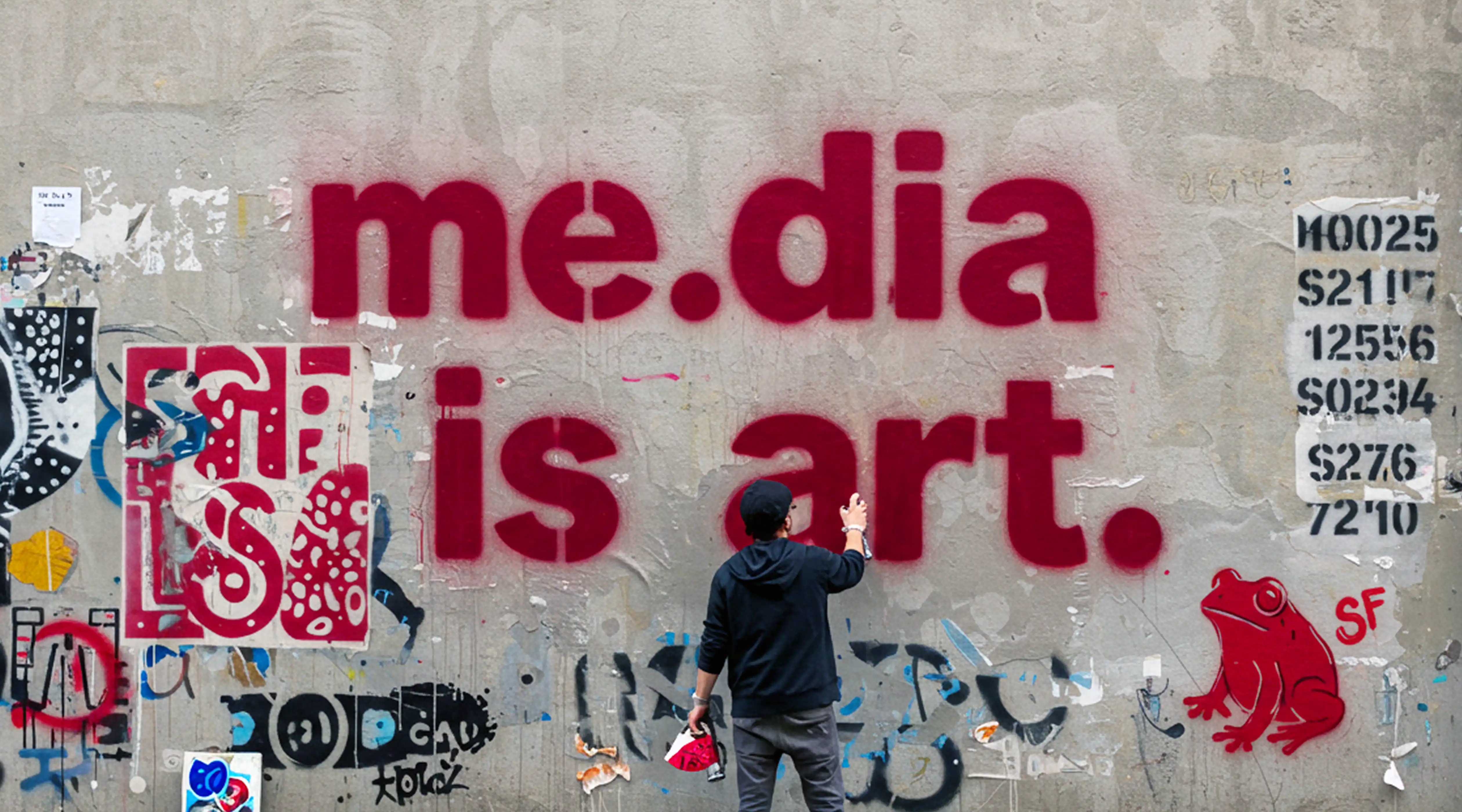 Person in black hoodie spray-painting 'me.dia is art.' on a graffiti wall and a red SF frog tag signature—reflecting creatively-led media planning, buying, and activation services.