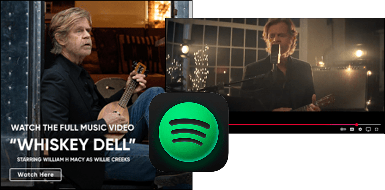 Collage promoting "Whiskey Dell" music video starring William H. Macy holding a ukulele, with Spotify logo and "Watch Here" button.