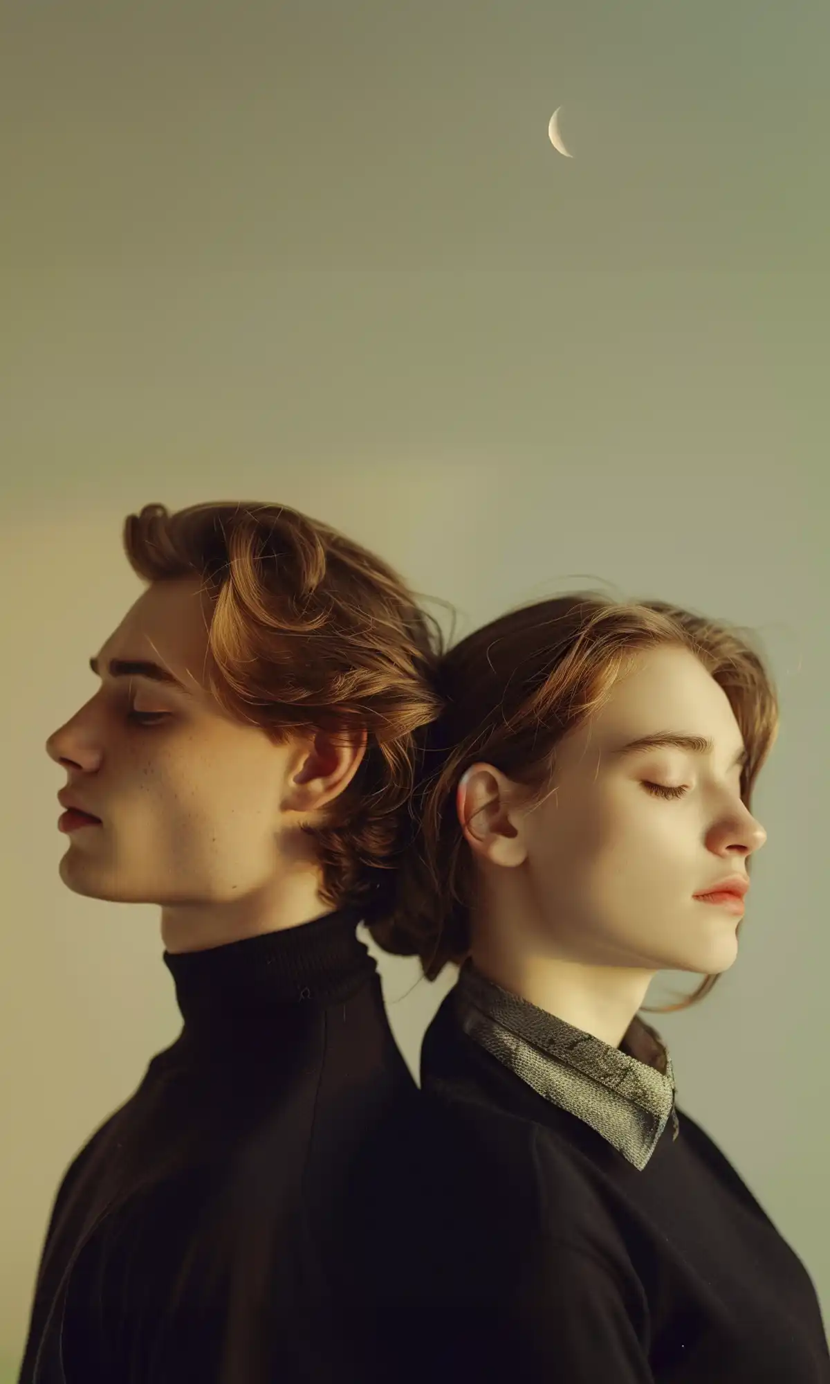 Young man and woman standing back-to-back in profile, both with eyes closed, wavy light brown hair, softly lit with warm golden light on the man and cooler light on the woman against a gradient background.