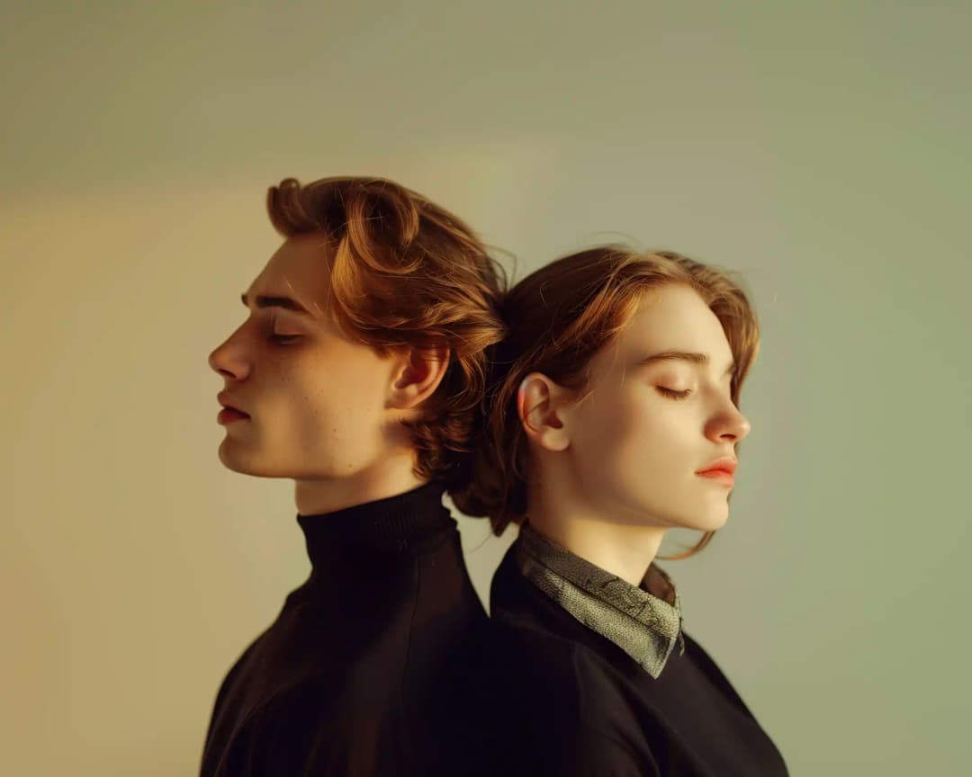 Young man and woman standing back-to-back in profile, both with eyes closed, wavy light brown hair, softly lit with warm golden light on the man and cooler light on the woman against a gradient background.