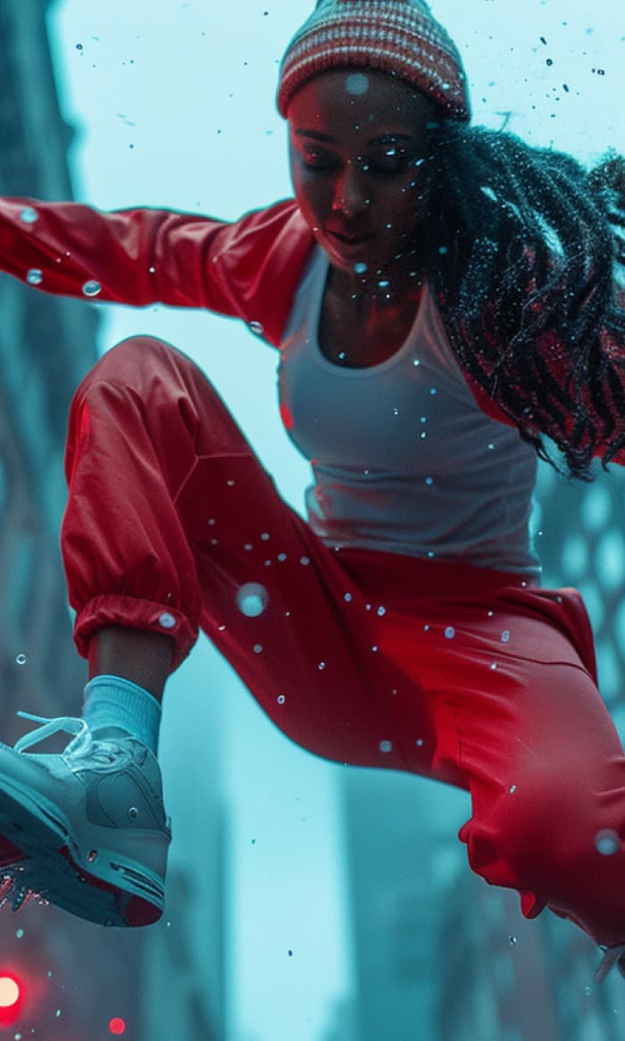 Person in red outfit and beanie mid-air leaping or dancing at night, with water droplets splashing from white sneakers, illuminated by dynamic red and teal lighting against blurred city buildings.