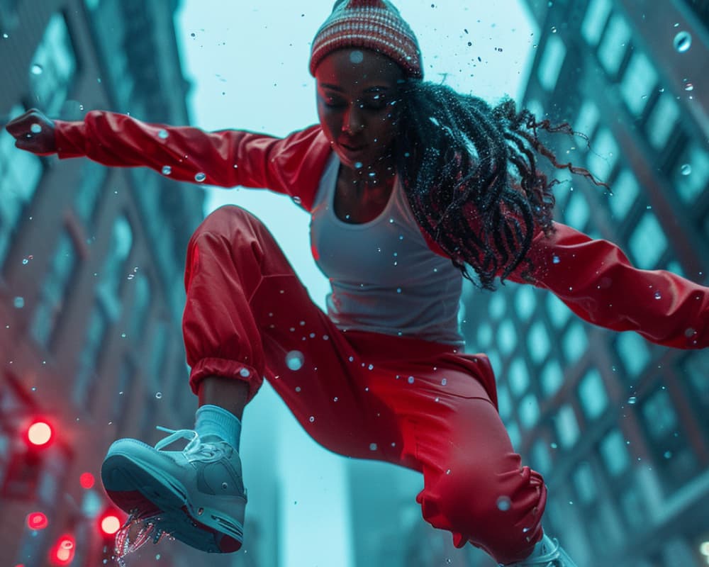 Person in red outfit and beanie mid-air leaping or dancing at night, with water droplets splashing from white sneakers, illuminated by dynamic red and teal lighting against blurred city buildings.