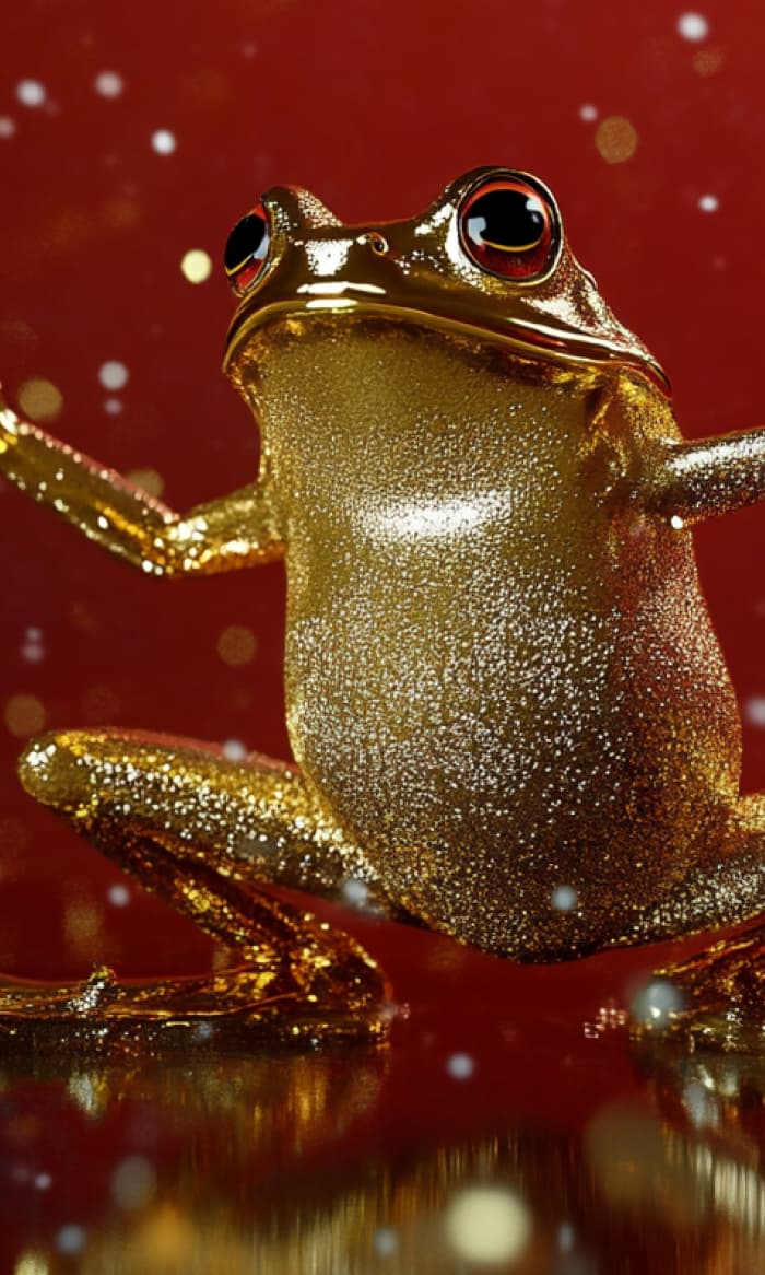 Golden glitter-covered frog with red eyes in an upright pose with front legs raised, against a deep red background with scattered white and golden light specks creating a sparkling effect.