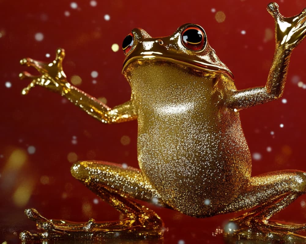 Golden glitter-covered frog with red eyes in an upright pose with front legs raised, against a deep red background with scattered white and golden light specks creating a sparkling effect.