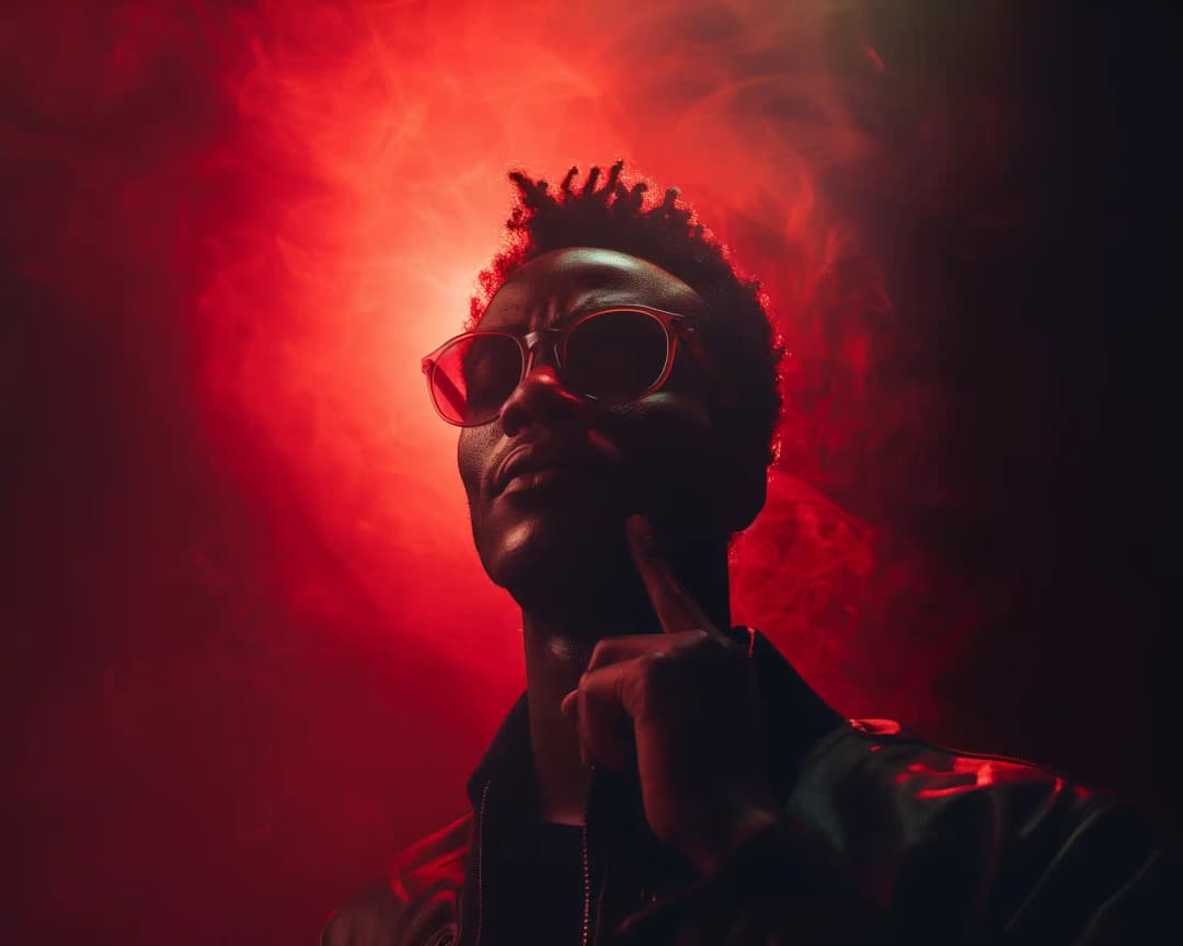 Man with dark skin wearing red-tinted sunglasses and dark jacket, looking upward with his right index finger touching his cheek, dramatically lit by intense red light against a smoky background.