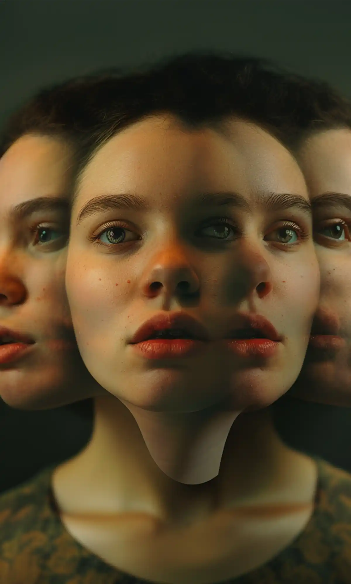 Woman's face with surreal multi-faceted effect showing three profiles merged into one head - central full face with light green eyes and reddish lips, flanked by two identical side profiles, all sharing one elongated neck against a dark greenish-gray background.