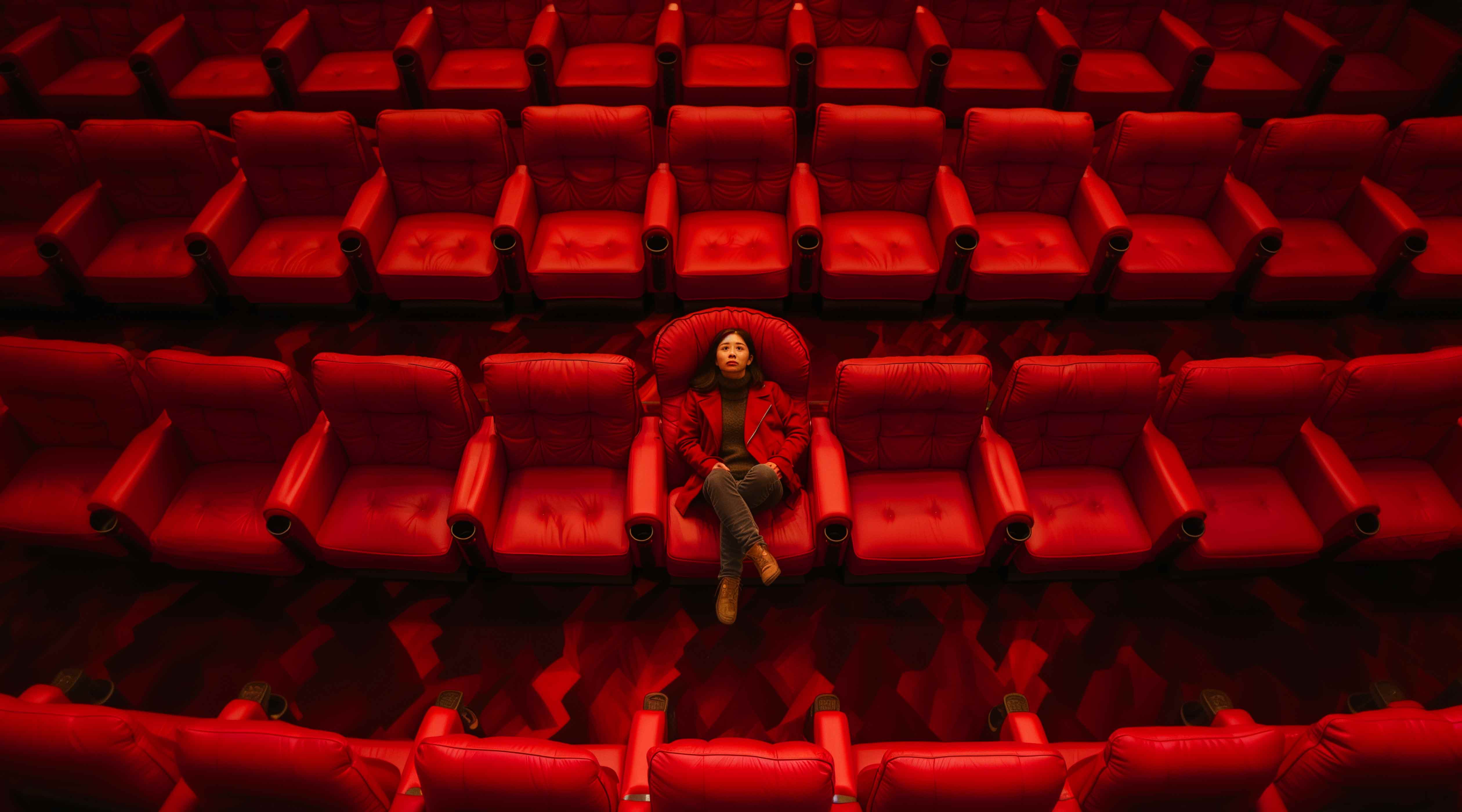 Young woman in a red coat sitting alone in an empty movie theater, looking upward pondering the desire for creative and movement marketing insights.
