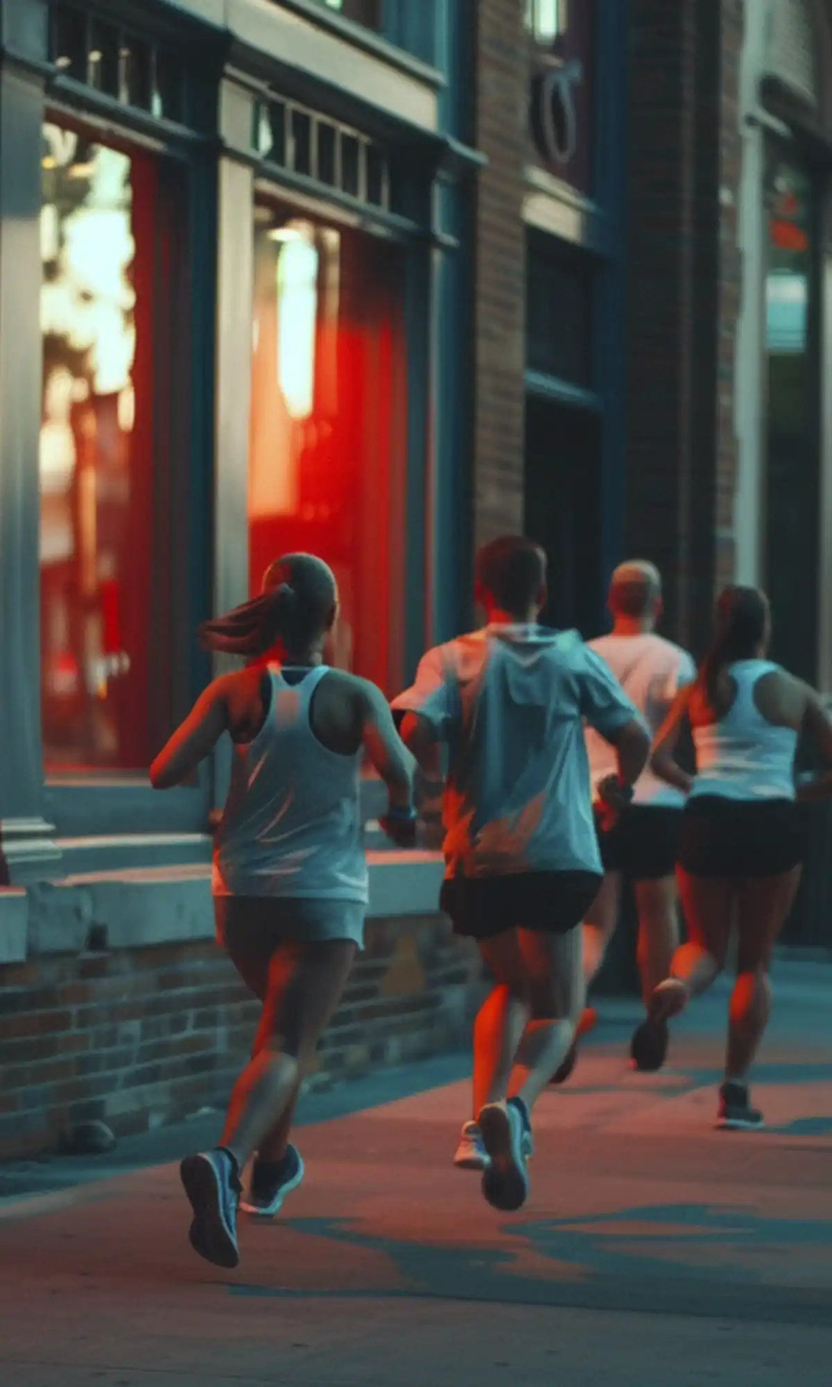 Four people running on a city sidewalk at night, illuminated by contrasting red and teal lights from storefronts, with long colorful shadows cast on the concrete.