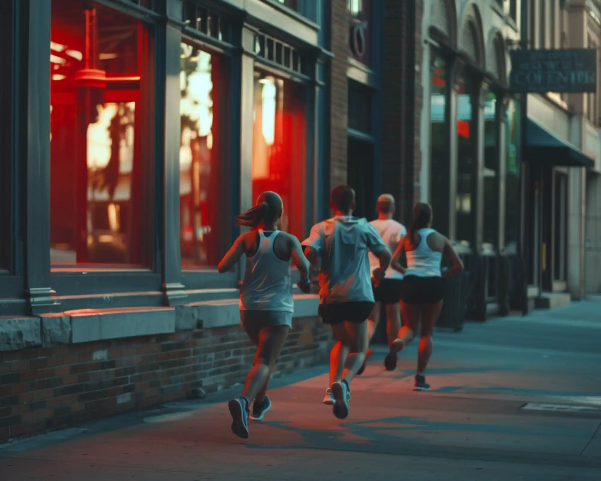 Four people running on a city sidewalk at night, illuminated by contrasting red and teal lights from storefronts, with long colorful shadows cast on the concrete.