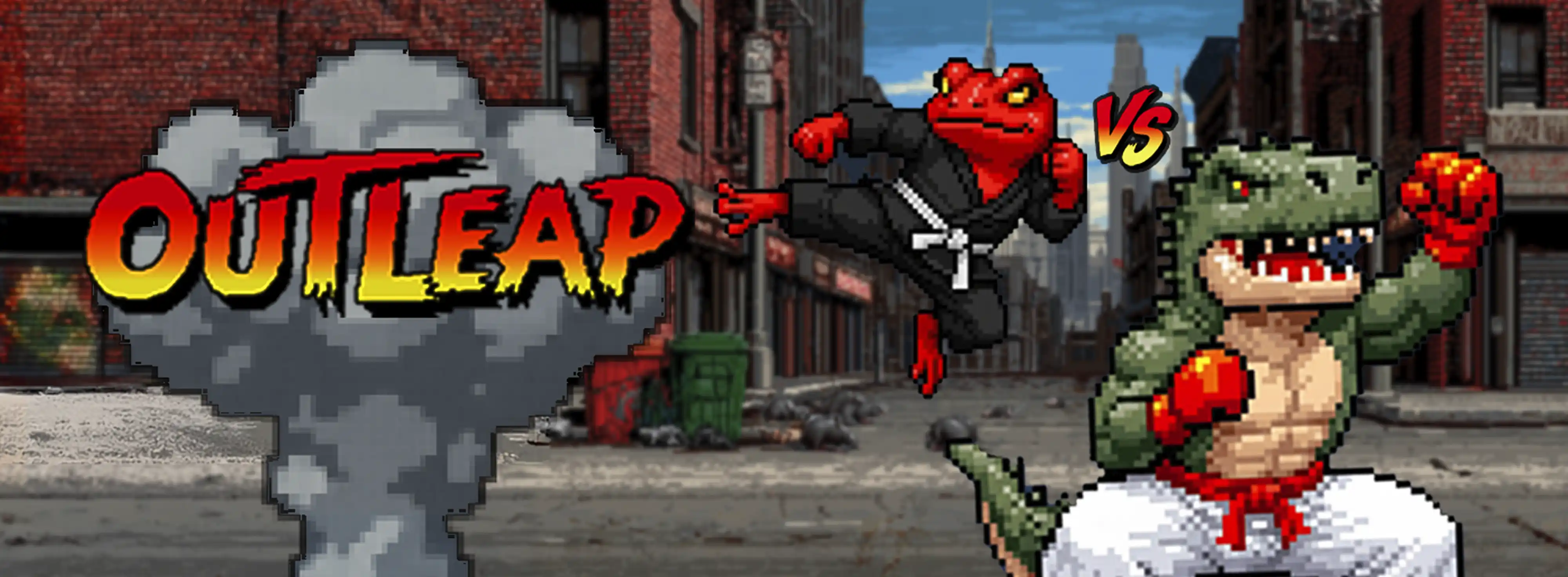 Pixel art fighting game scene showing two characters in combat stance on a NYC street - the nimble Frog versus Dinosaur character in boxing gloves, with the Outleap logo overlay