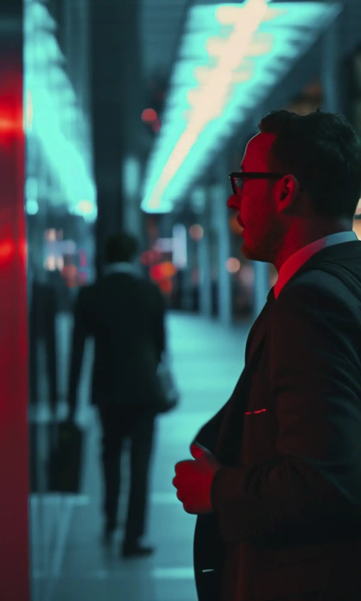 Man in dark suit and glasses walking through a neon-lit urban passage at night, with red light on the left and teal light on the right, another person silhouetted in the distance.